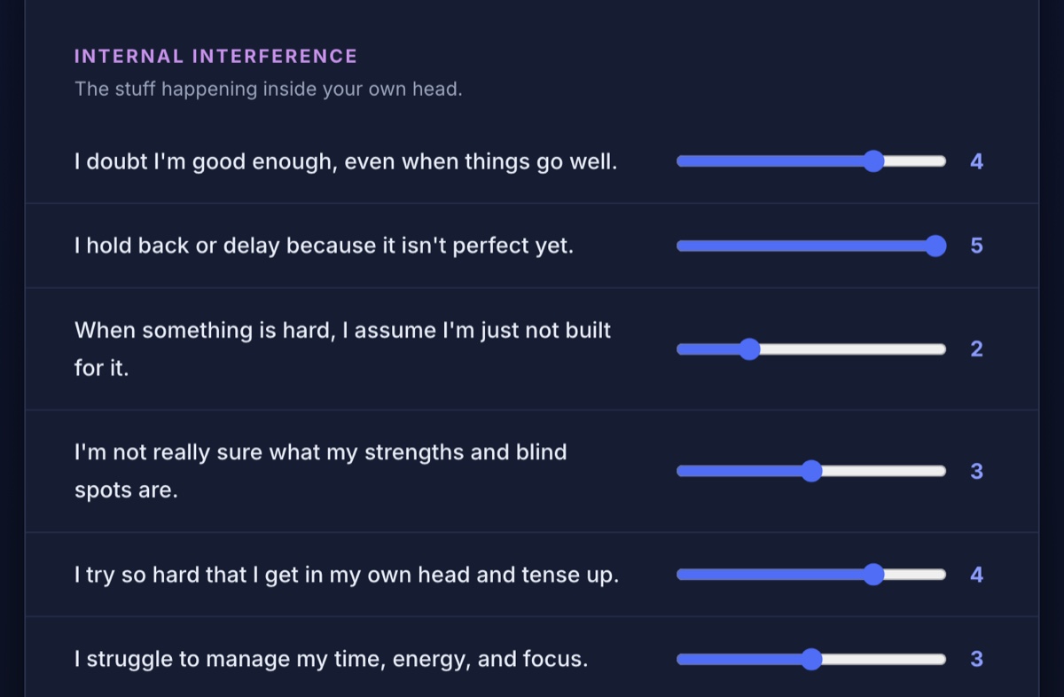 The Interference Audit, showing sliders for internal-interference statements rated from 1 (not me at all) to 5 (totally me)